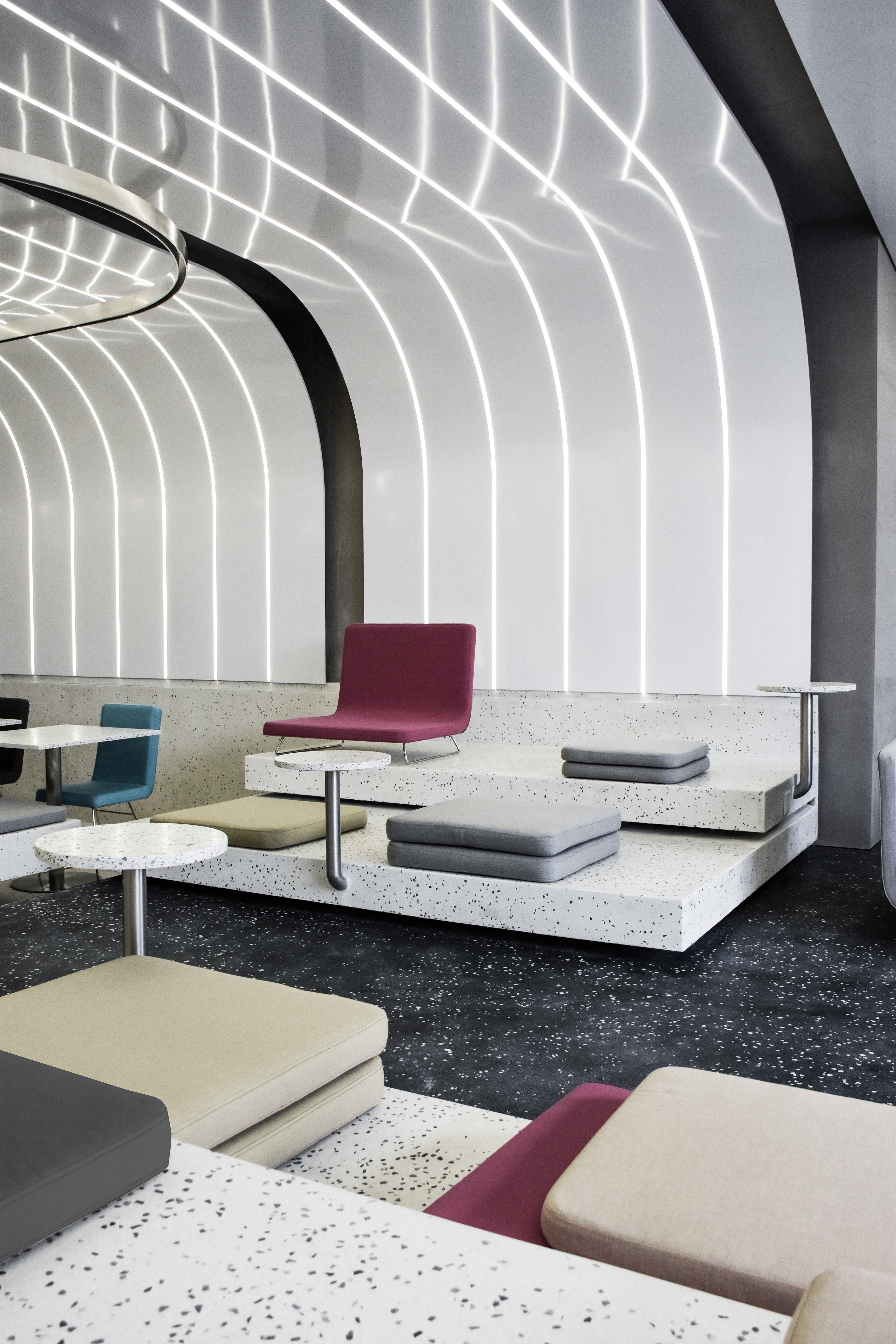 interior design, ramoprimo, terrazzo, table, stools, metal ceiling, platform, bar, restaurant,
