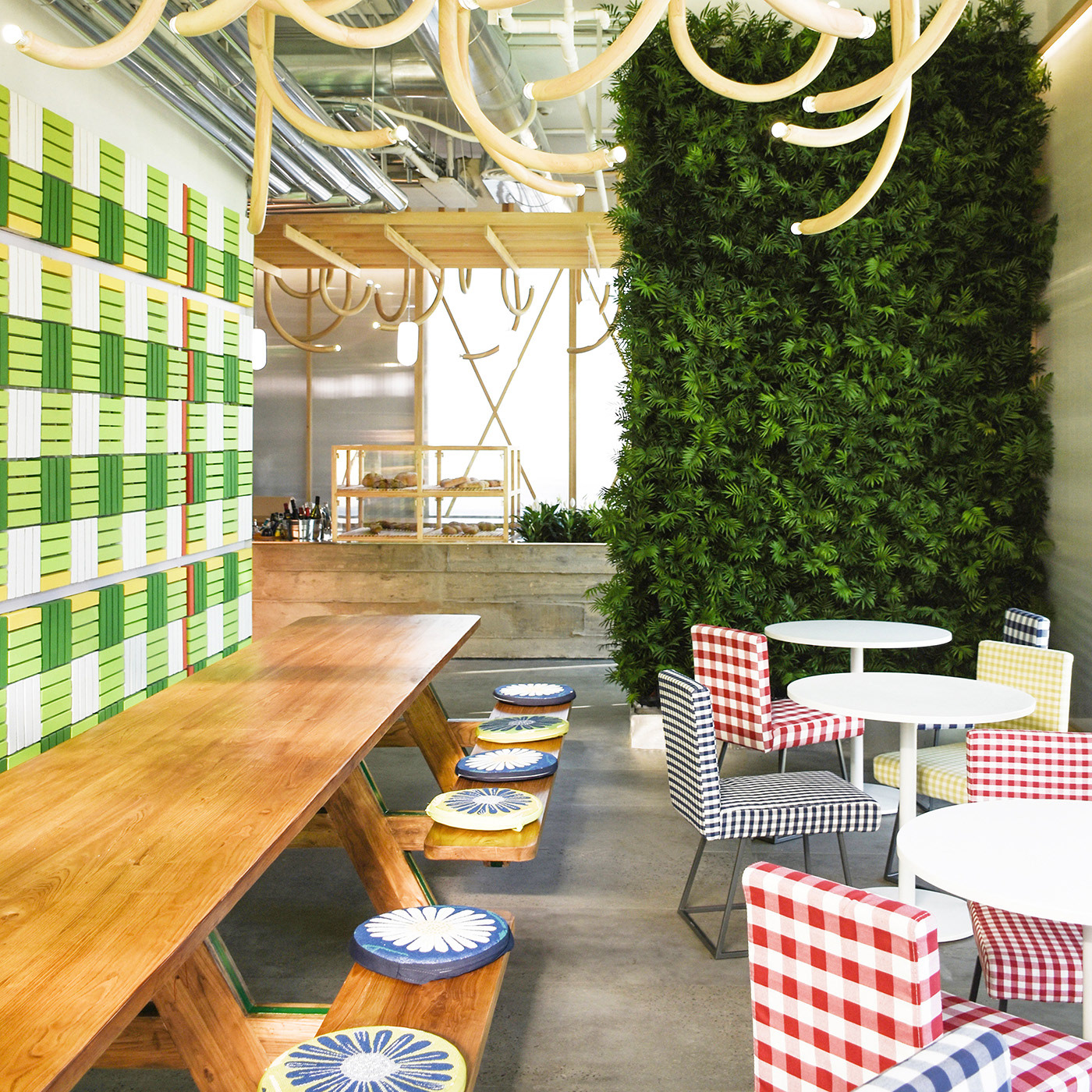 perpendicular forest, interior design, patchwork, wood, blenches, clay, bricks,