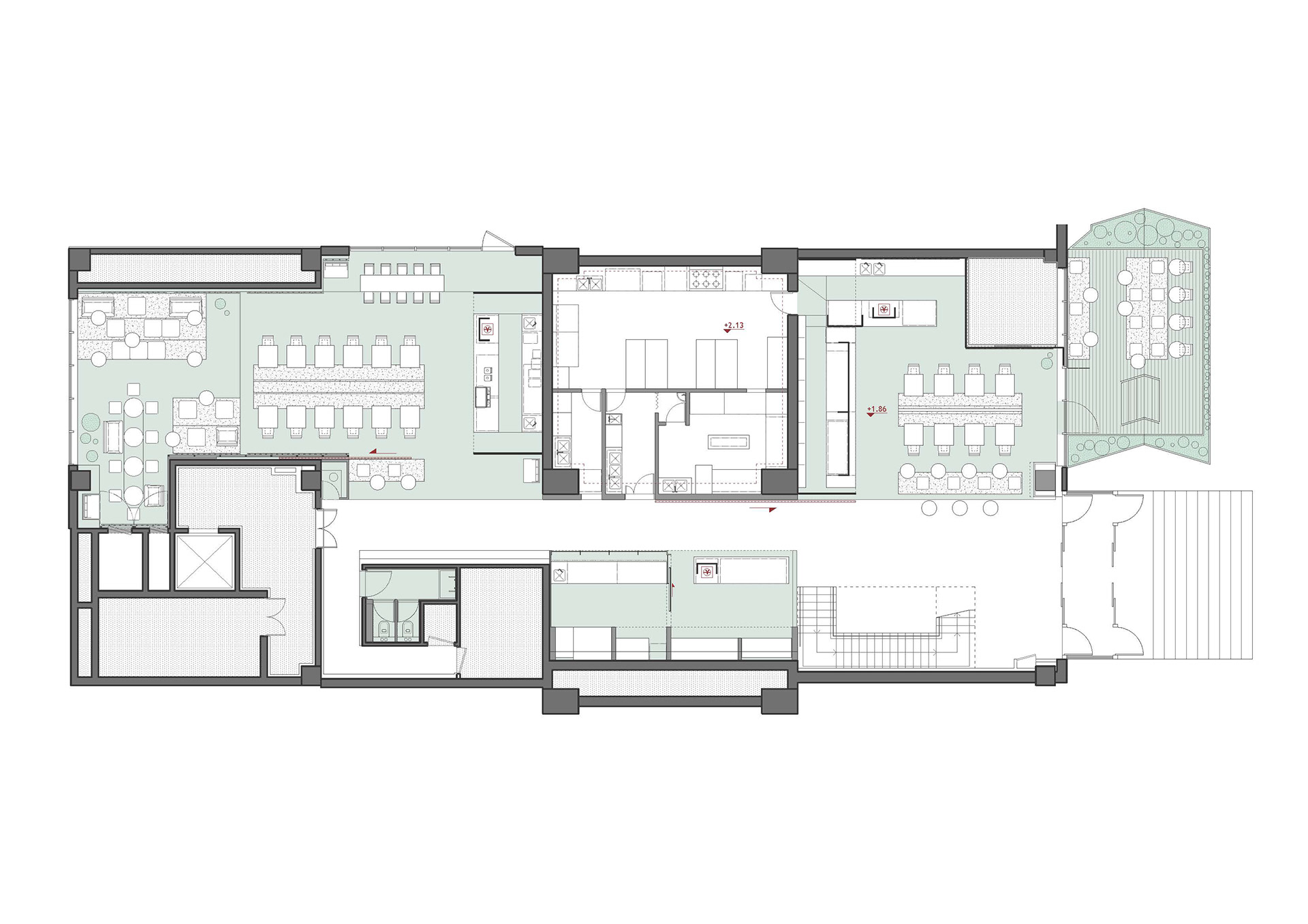 green option, interior design, ramoprimo, food court, bar area, restaurant, platform, benches, table,