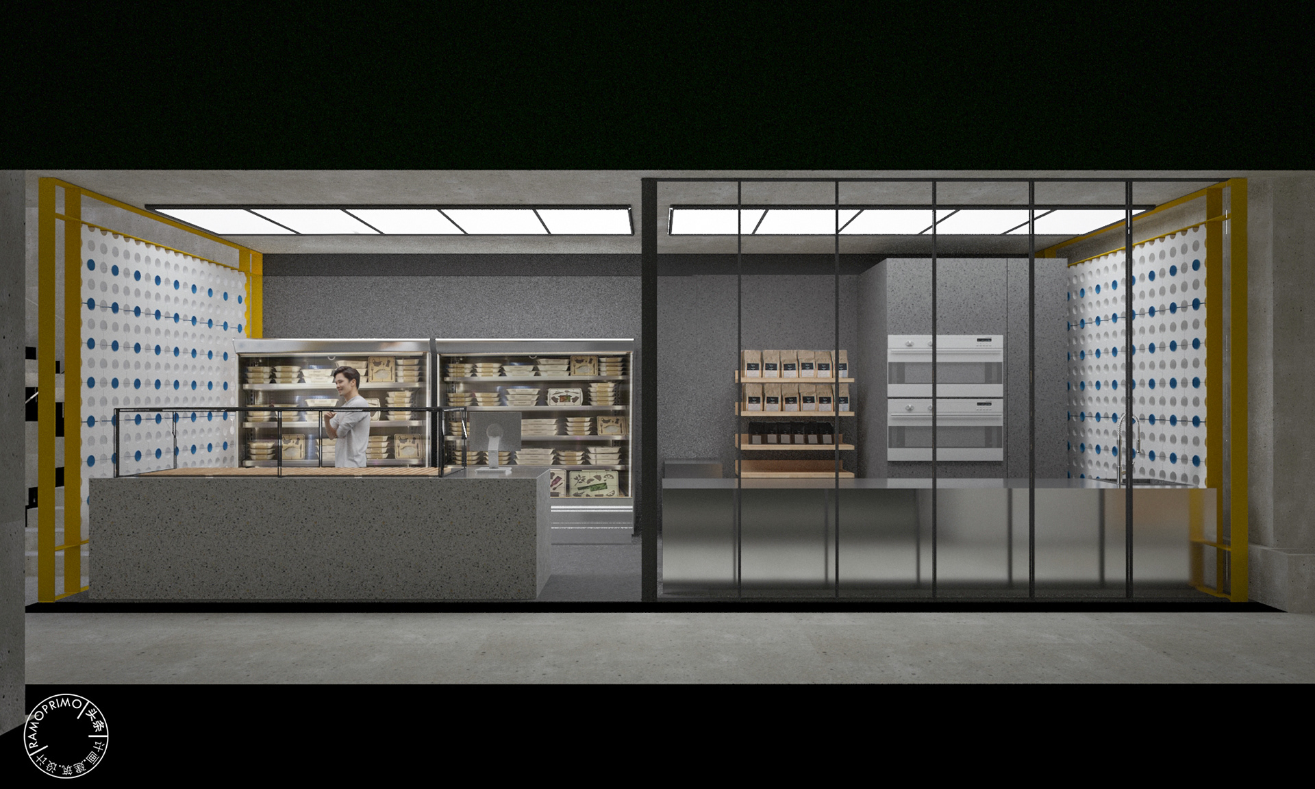 bakery, food, court main facade, terrazzo, metal, interior design, ramoprimo,