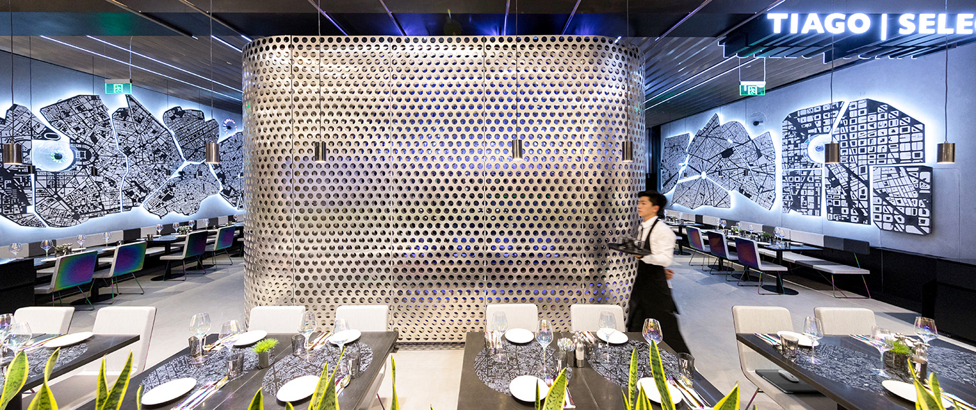 tiago, restaurant, ramoprimo, space, metal reflection, neon lighting,