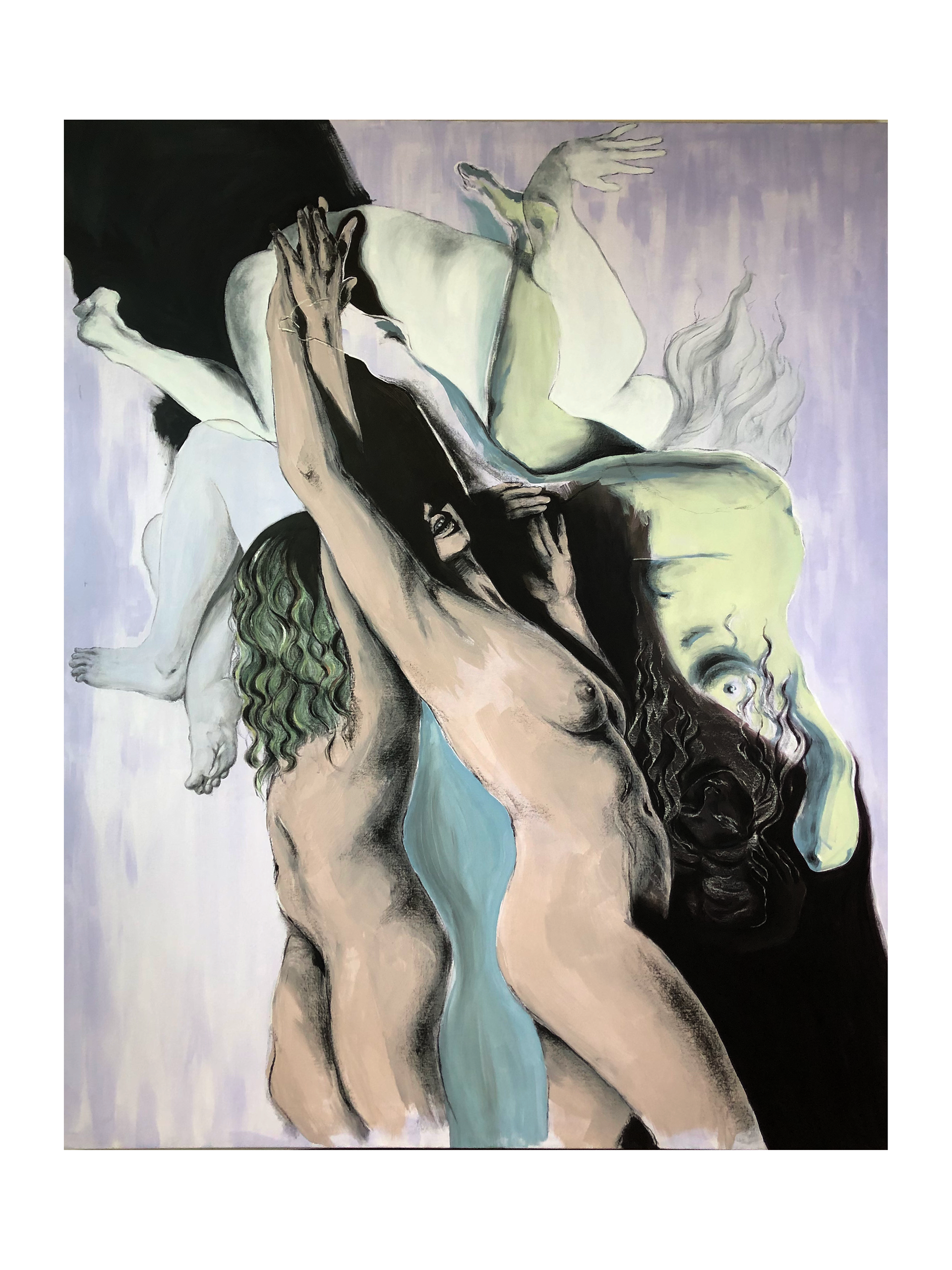 Dança cósmica 150x200 cm. 2023 Acrílica, gesso e carvão vegetal sobre tela.