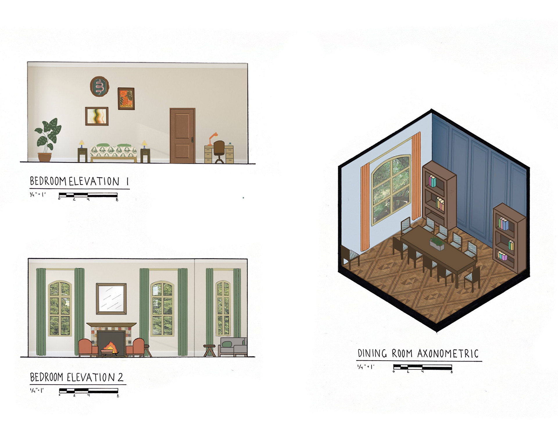 Interior Elevations and Axonometric Rendered in Photoshop