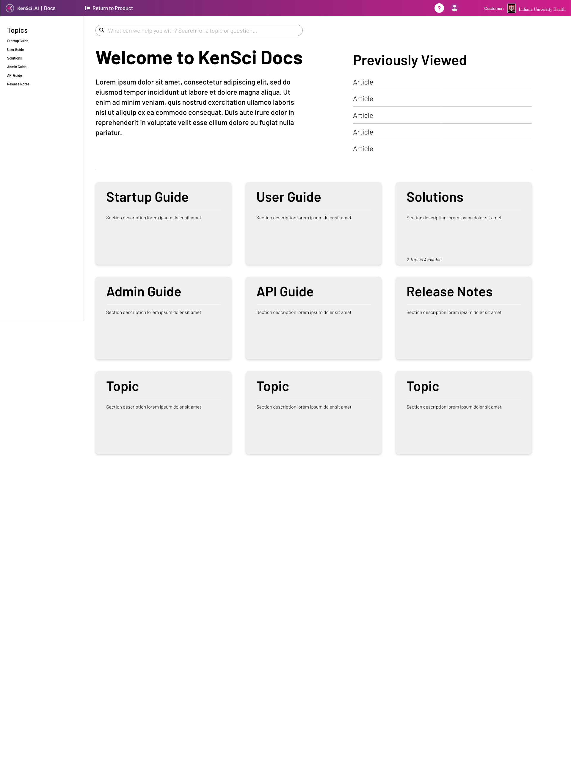 Click-through experience outlining how users will get from Docs Home to specific articles.