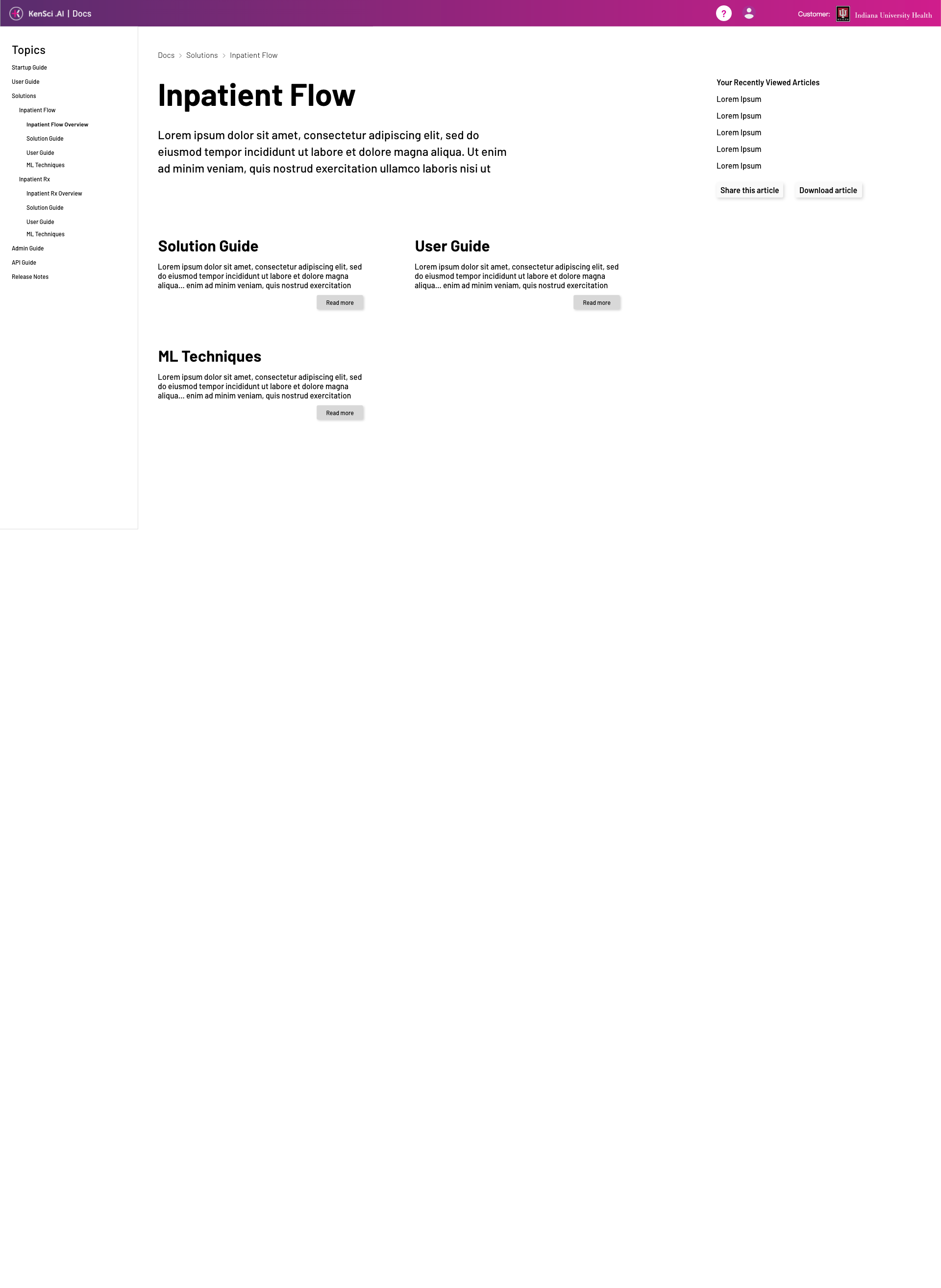 Click-through experience outlining how users will get from Docs Home to specific articles.