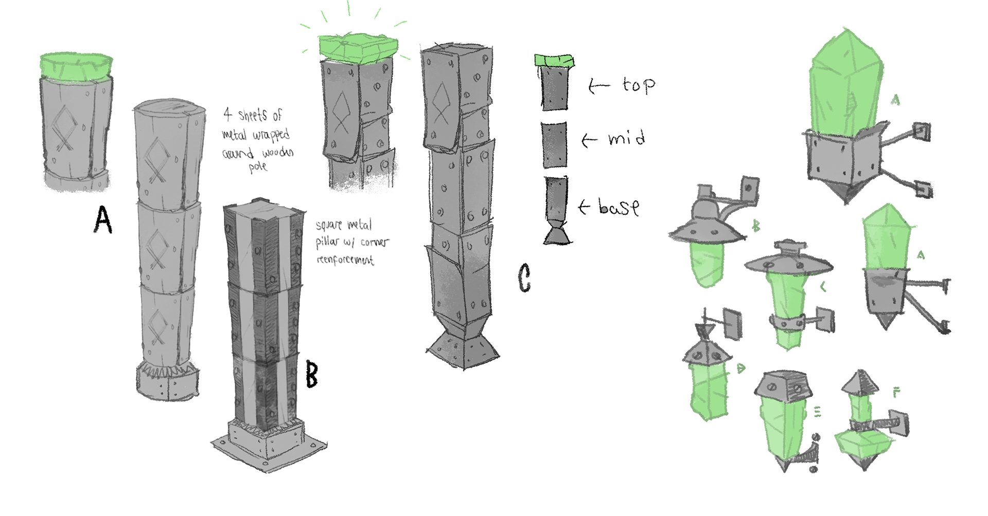 Throwable pillars and decorative lamps meant to represent a scrap-metal-styled cult
