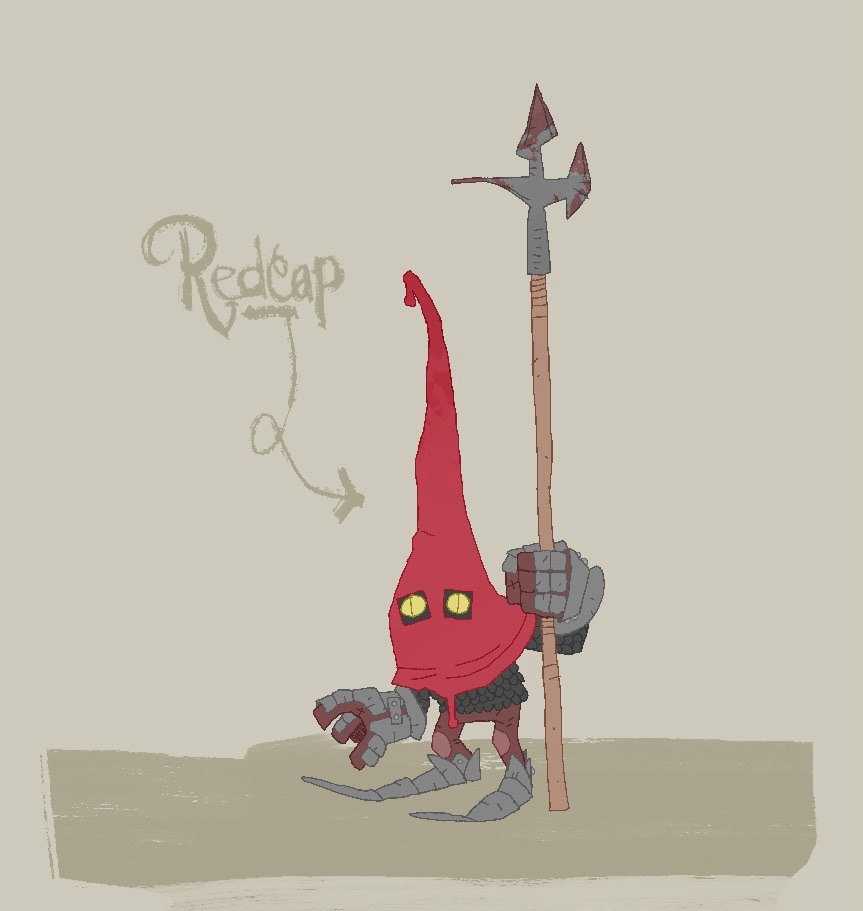 A malicious, bloodthirsty faerie who haunts old castles with war-torn histories, bludgeons nearby travelers to death, and soaks their signature red caps in their victims' blood. These guys are defined by their bloodlust and deceptively remarkable strength and speed, so I designed them to look oddly muscular for their diminutive size. I also wanted them to be creepy and intimidating, so I shrouded all their features in mystery behind their hood, except for their glassy, yellow eyes