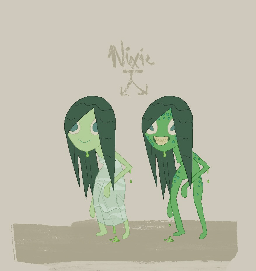 An aquatic freshwater fey known for tricking passersby into Faustian bargains, often ending in the victim's devourment. I wanted to give her two forms: a poor human disguise that hints at her swampy nature; and a carnivorous, froglike "true" form