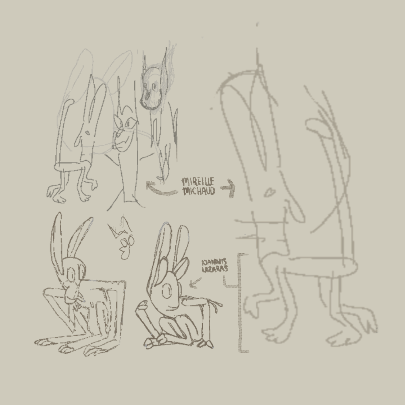 The púca was hard to pin down. I was tempted to draw from the lemur-like posture of Tony DiTerlizzi's phooka (as shown in the lower left sketches), but with inspiration from the very human-looking face my partner Mireille provided, I had the idea to give it a big human face on a little animal's body