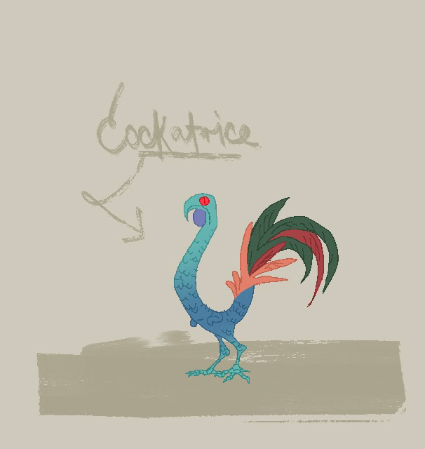 A chicken hatched from an egg incubated by a snake. I essentially wanted it to look like a chicken with a snake's body and combine a chicken's awkward, jerky posture with a snake's long, winding form