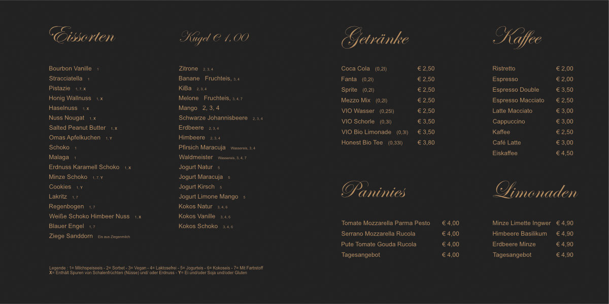 Speise & Getränkekarte des P5 Eiscafé & Espresso Bar