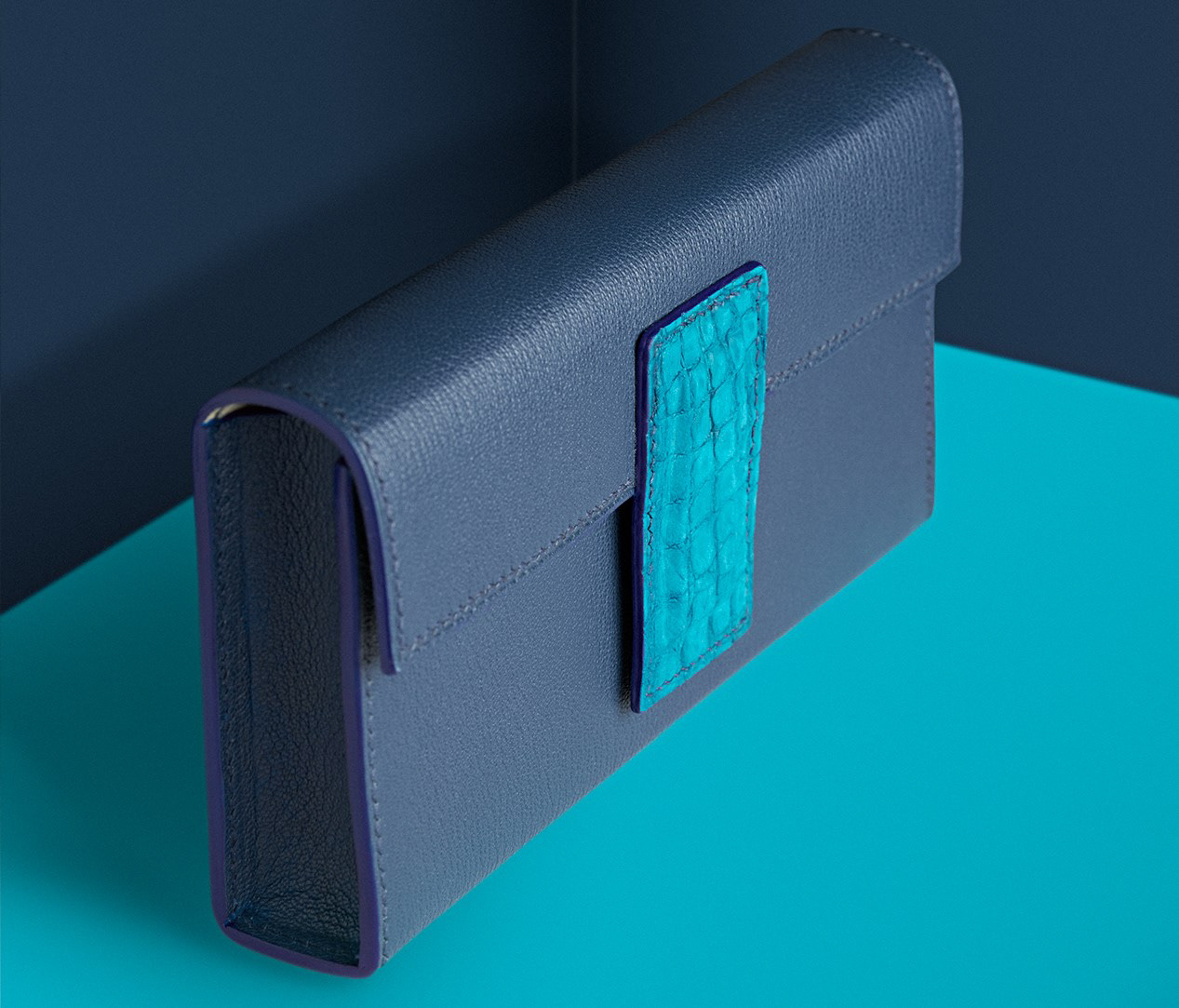 Luxury accessories Lifestyle image of elegant clutch bag by The Purple Seal - Navy and Blue