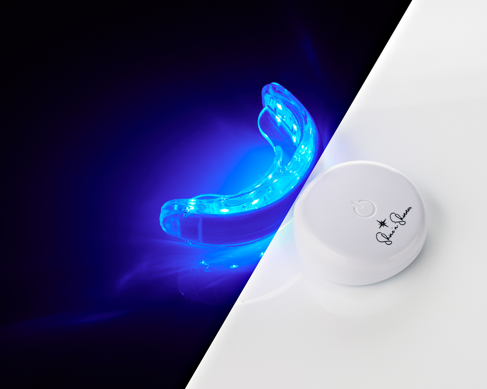 Bright and dark image of teeth whitening device to show UV and red light. Photography and retouching by Stefania Calderara