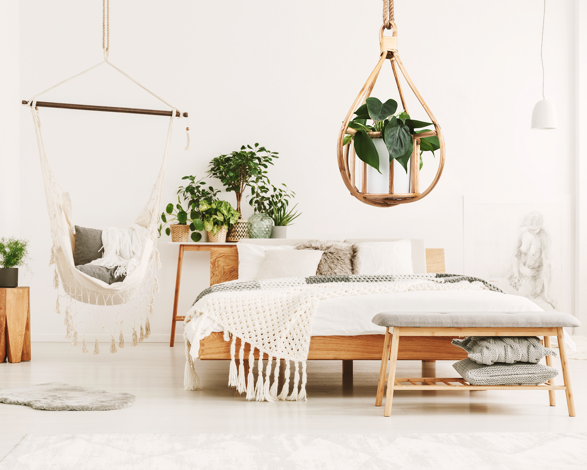 Compositing of bamboo hanging planter photograohy with stock image of bright interior. Photography by Stefania Calderara