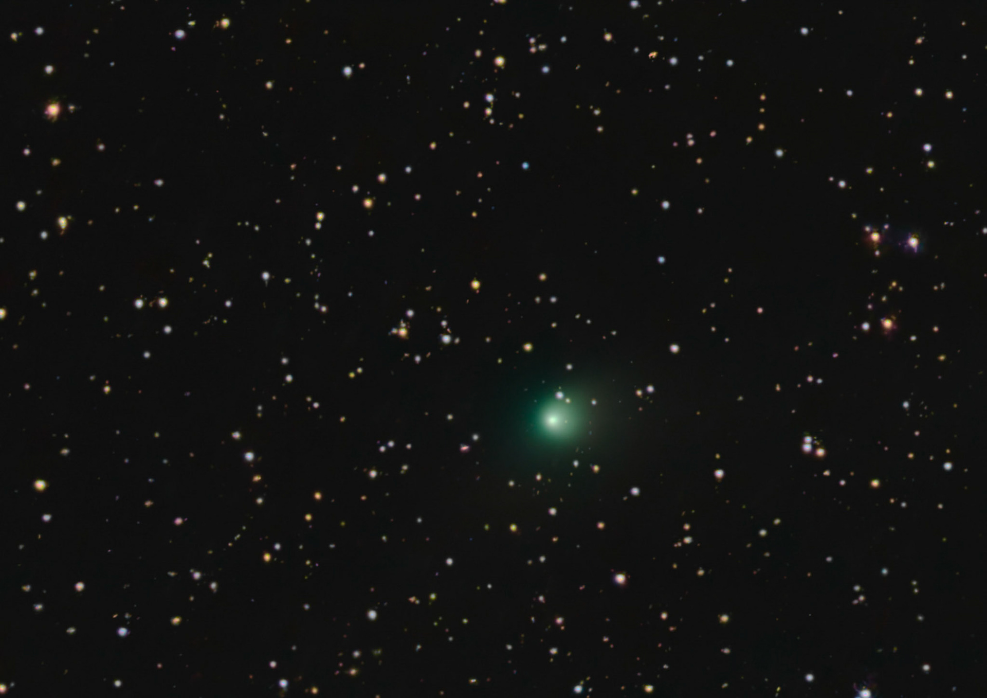 Comet C/2022E3 on its way passing by EarthCaptured with EOS R5, EF 70-200 IS USM f2.8 at 80mm, 10sec, f2.8, ISO 800, standard tripod. 80 pictures of the sky, 40 Dark frames, 40 Bias frames, and 40 Flat frames. 3x Drizzle. Plate solved image of stars for correctly managed color calibration of stars and comet. Acquired in Bortle Class 7 light pollution. Processed as 32 bit Floating Point Linear images using PixInsight, StarXterminator, NoiseXterminator, and BlurXterminator.