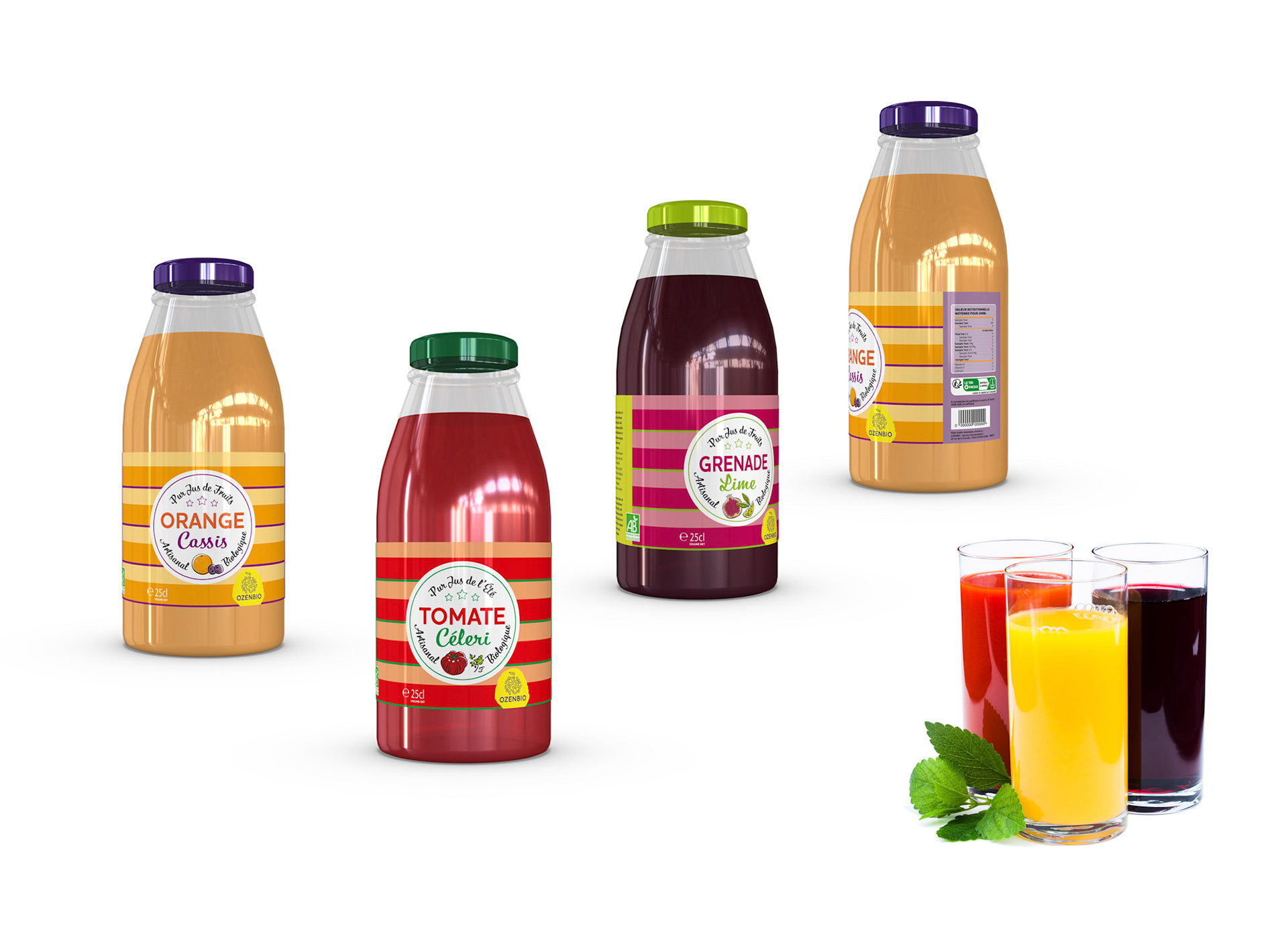 Création graphique d'une gamme de Jus de Fruit / OZENBIO Alimentation Bio