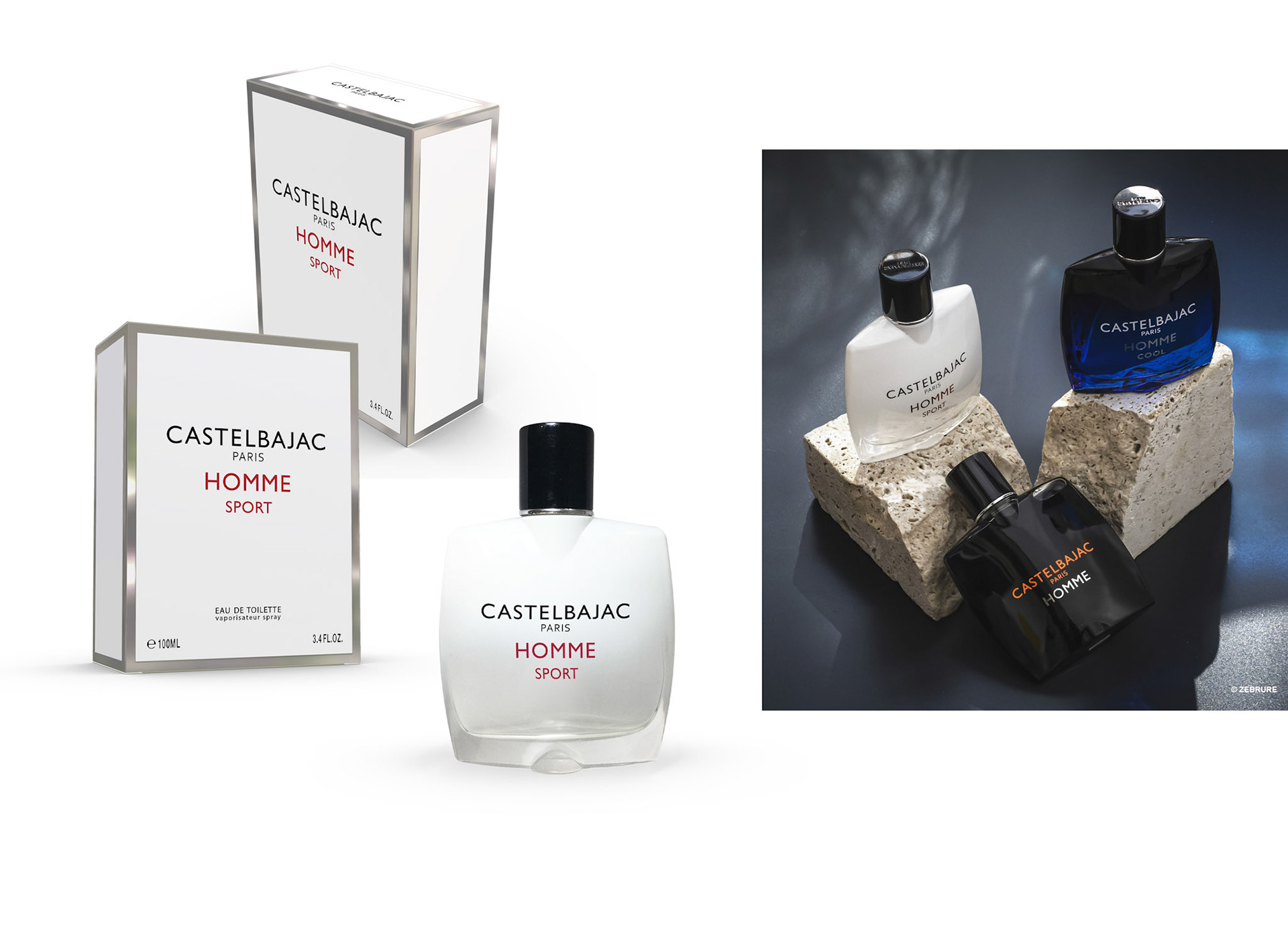 Création graphique d'un étui Eau de Toilette et relook de 2 flacons / CASTELBAJAC Parfum