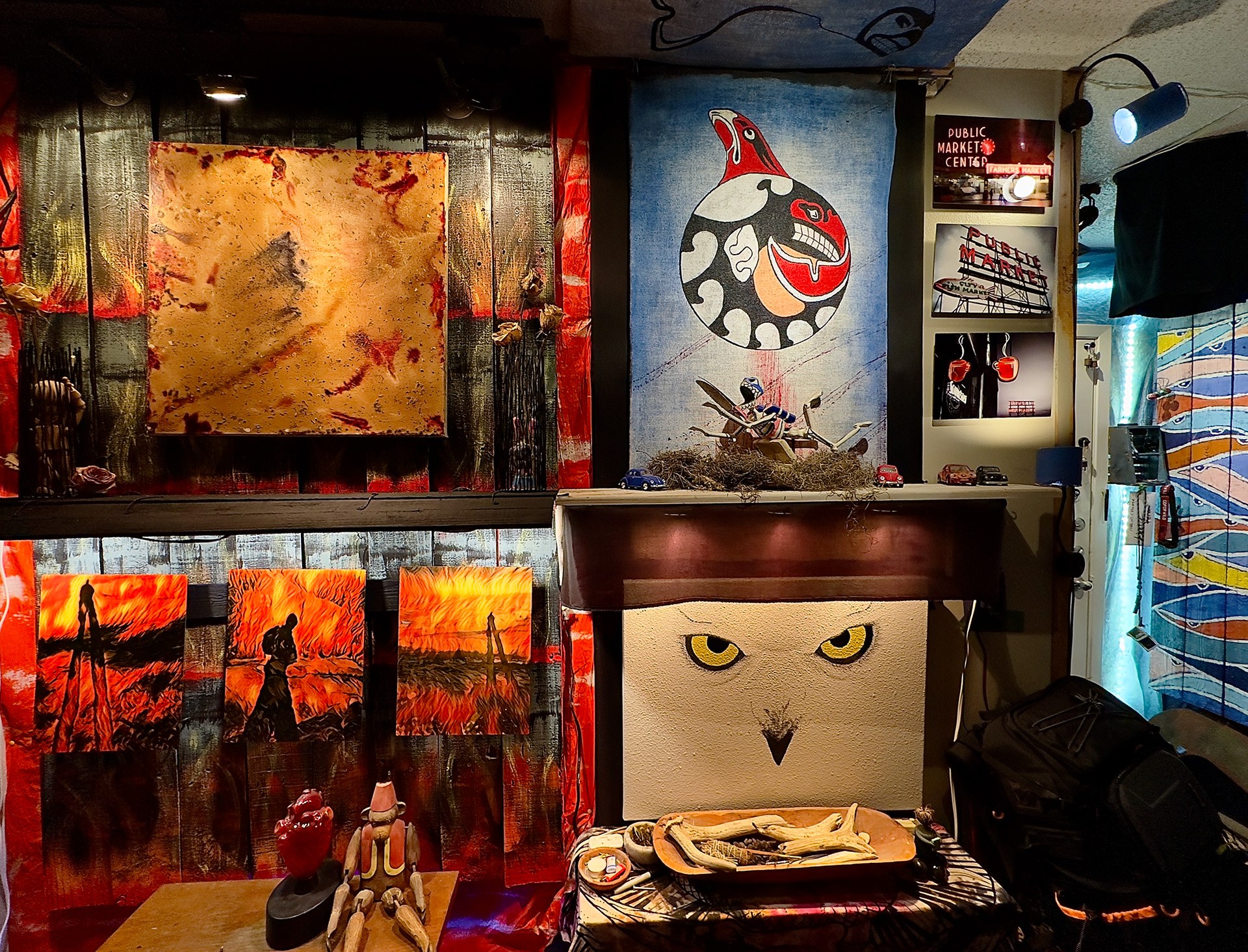 If you’ve ever come into contact with “Prickly Pear”, it’s a wonderful fruit to serve. I kinda reminds me of a kiwi fruit. The pear has its own unique taste, texture and beautiful color.   The purple juice can stain a steele blade when you cut into it. The odd thing is, when I used it to paint with, the color turned into an organic brown￼& green color. What you see on canvas is the purple stain at various stages of oxidation, creating different shades of color. 