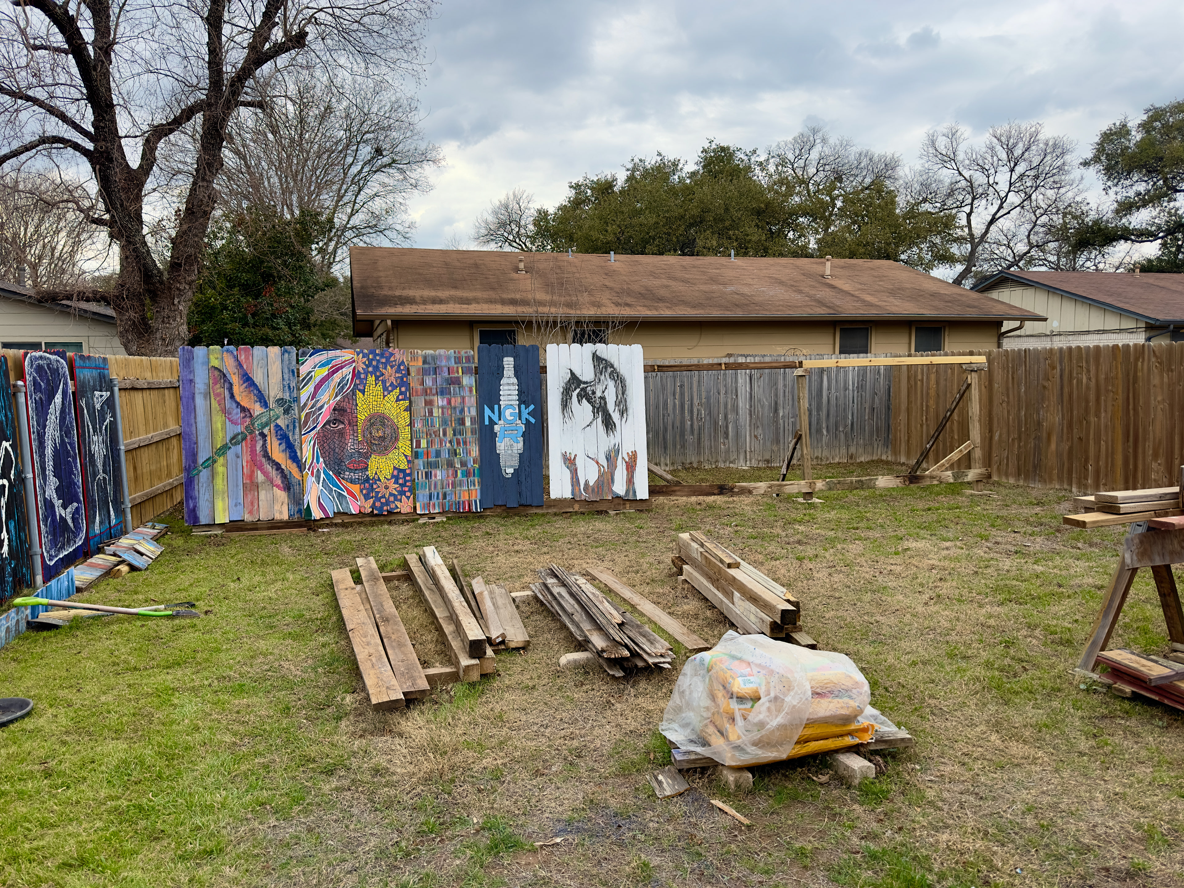 02/17/26 Finished installing 32ft long, 6ft high easel for large installment in 8 pieces. Haven't figured out the theme. Northwest Pacific Native more than likely. 