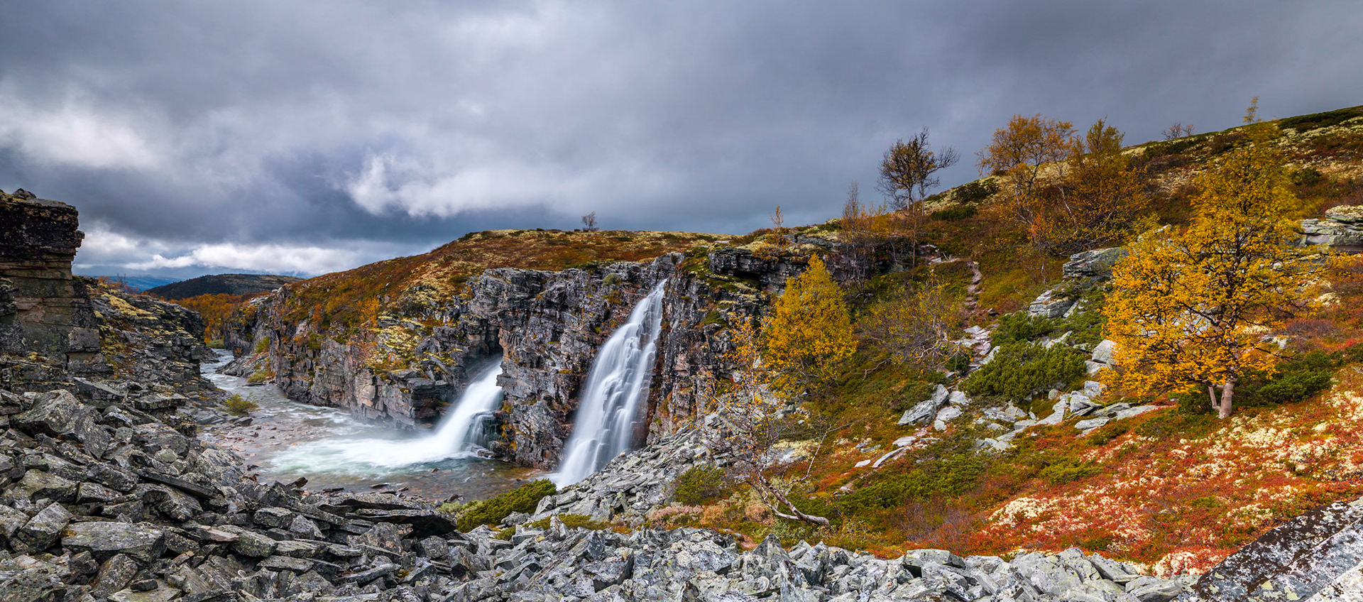 Autumn colors surrounds the Storulfossen in Rondane, Norway