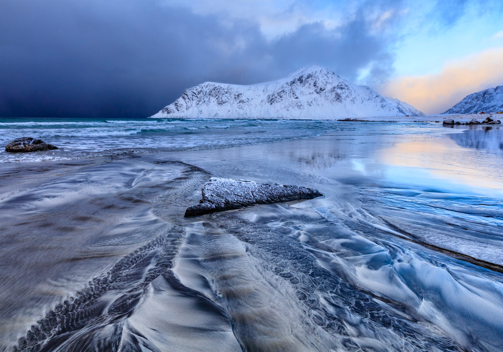Storm from the Atlantic Ocean approaching the Skagsanden Beach in Lofoten.