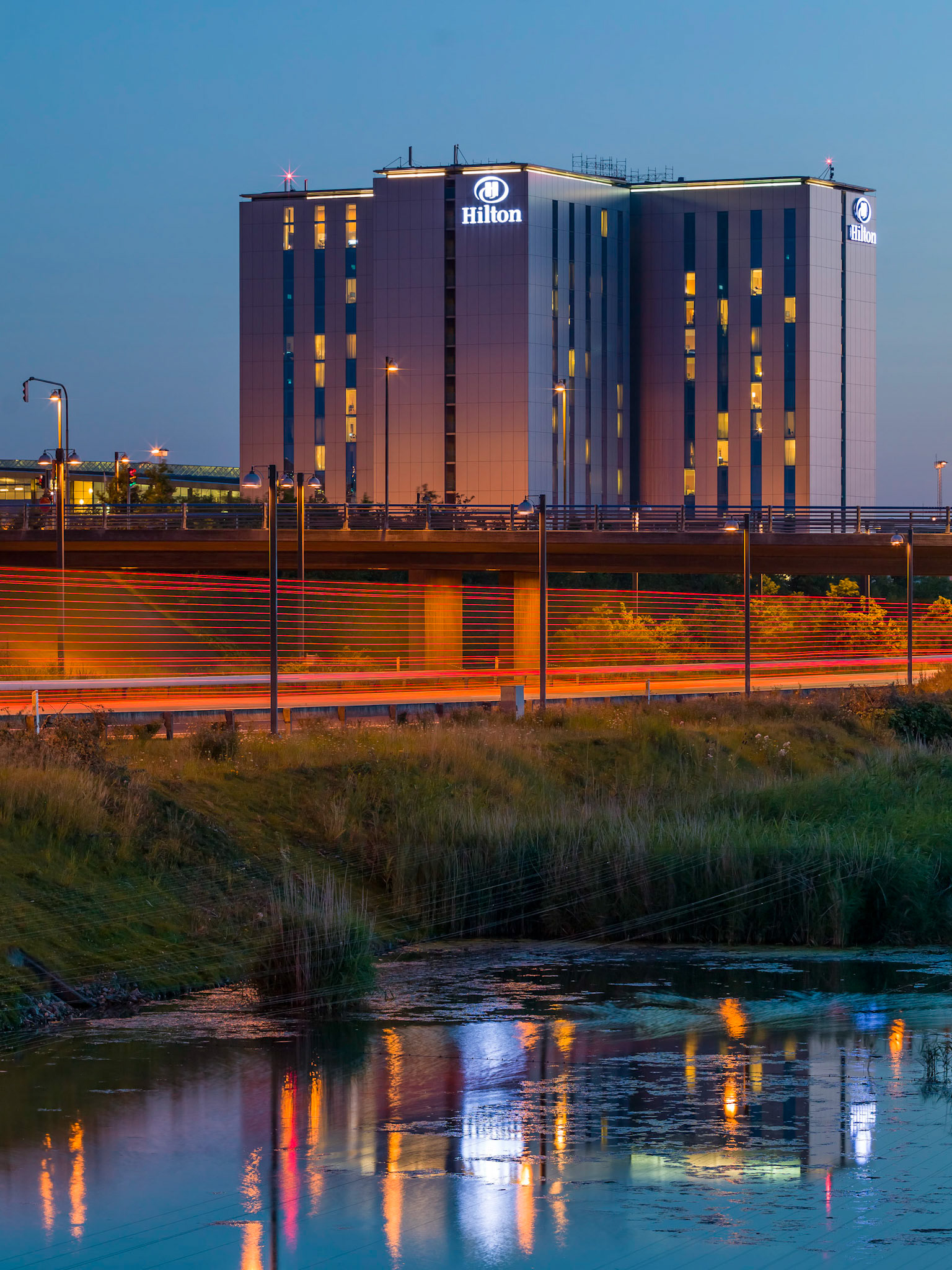 The Copenhagen Airport Hilton captured at night