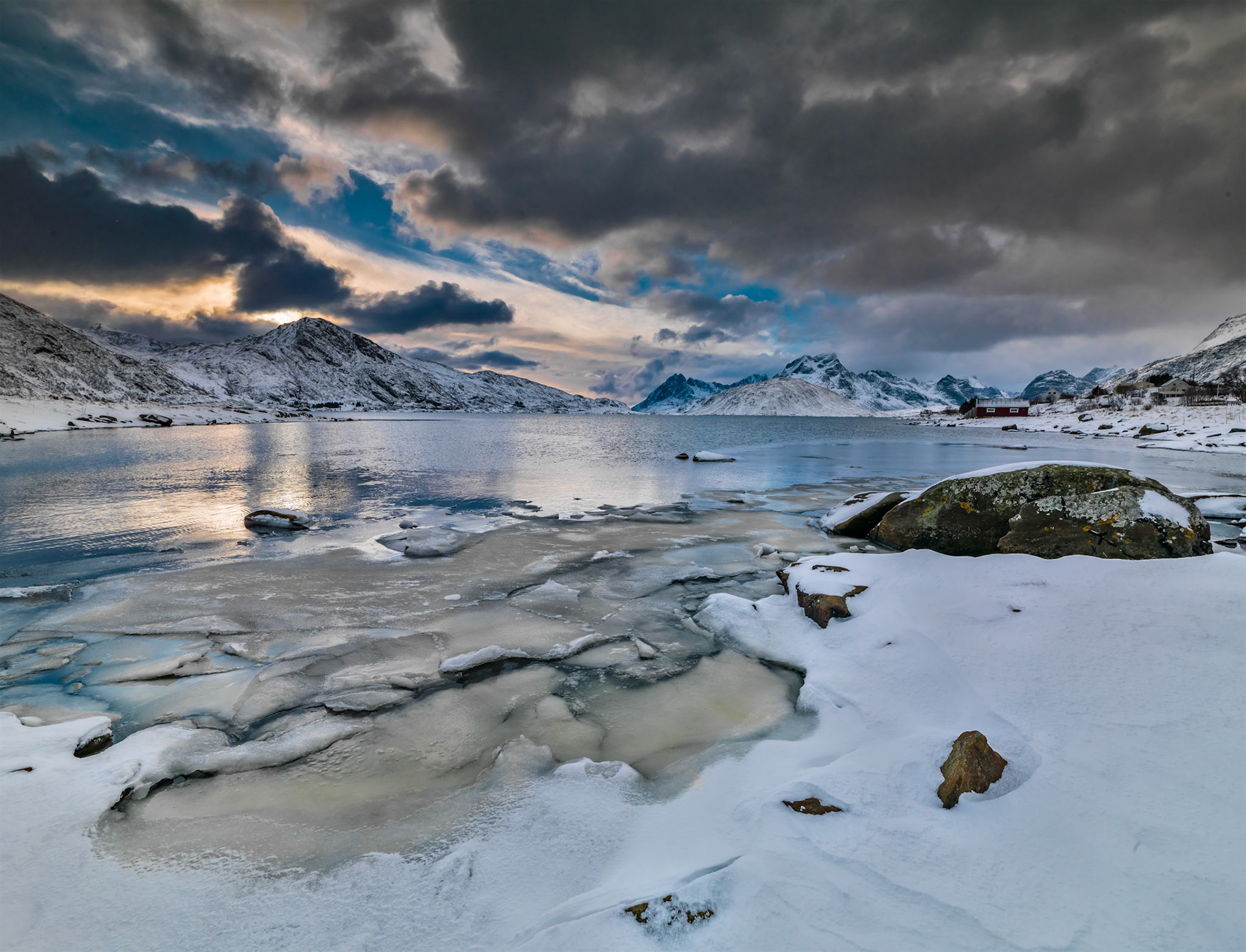 Dramatic light as the sun rises over Fredvang, Lofoten