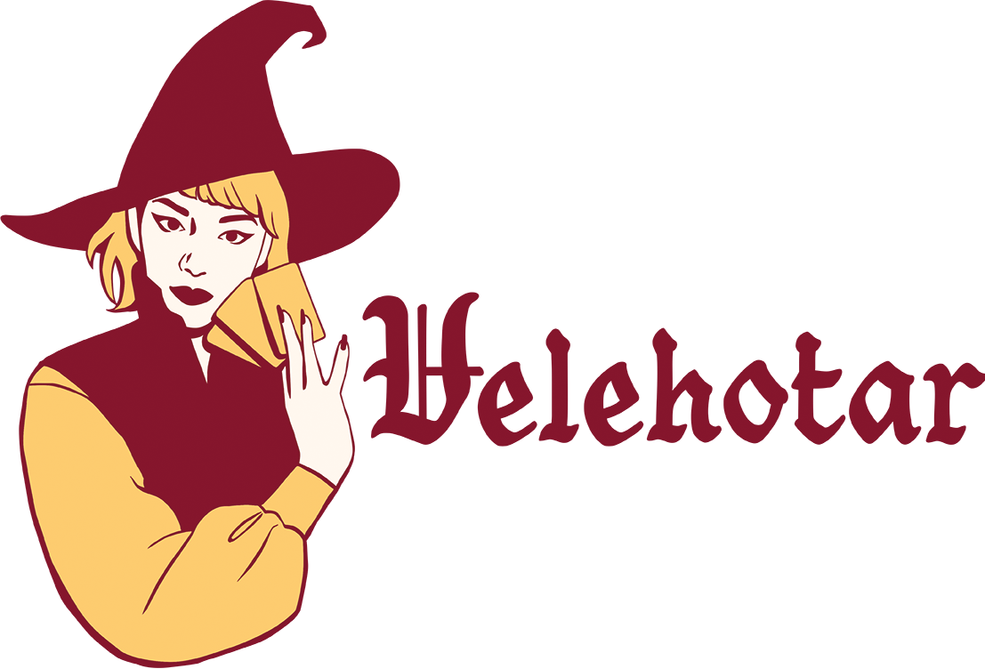 Velehotar logo. Kuvassa punaisella ja keltaisella nainen suipossa noidanhatussa. Hän pitää kolmea korttia lähellä kasvoja. Vieressä Velehotar-teksti blackletter-fontilla.