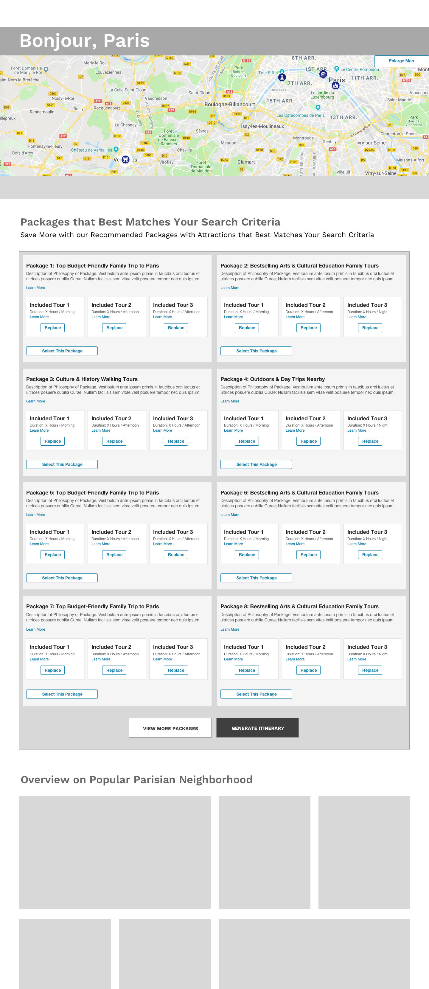 v2: User presented with packages based on personality and travel preferences and scenarios. User can swap out tours within package for customization.
