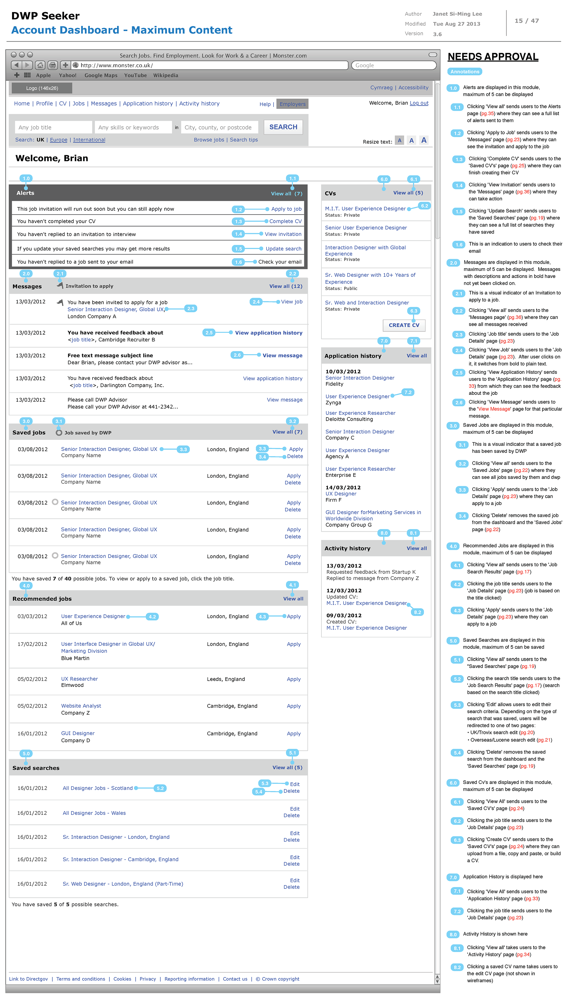 Job seeker's Dashboard — logged-in users are able to view alerts, view their saved jobs and CVs, application history, and respond to incoming invitations to apply to positions, and keep track of their past correspondences