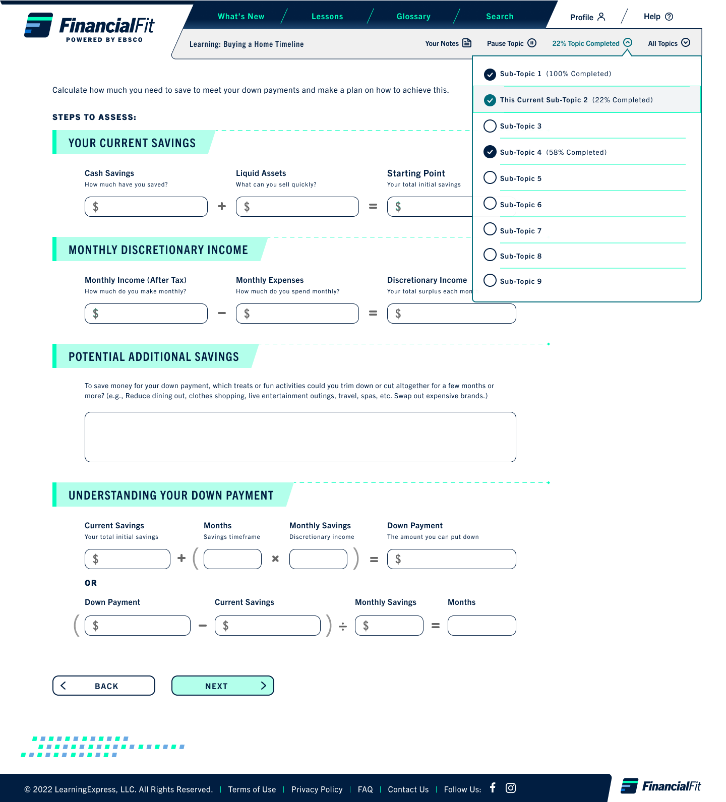 Design v1: Subtopics menu features % of that topic completed in top menu