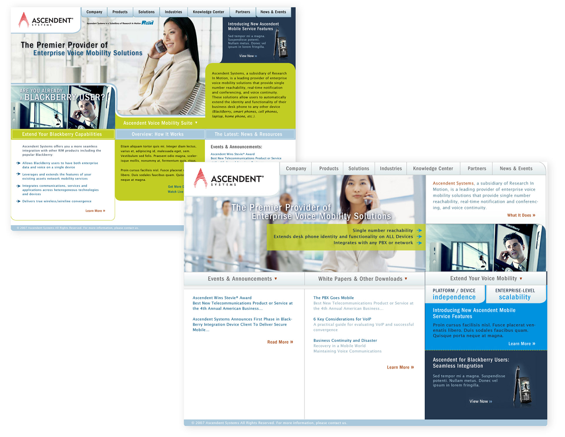 These two images represent homepage design options I presented to Ascendent Systems. I proposed that if appropriate, they can consider co-branding with Blackberry to strengthen its brand recognition and cross-sell offer enticing blackberry users to add Ascendent services if possible.