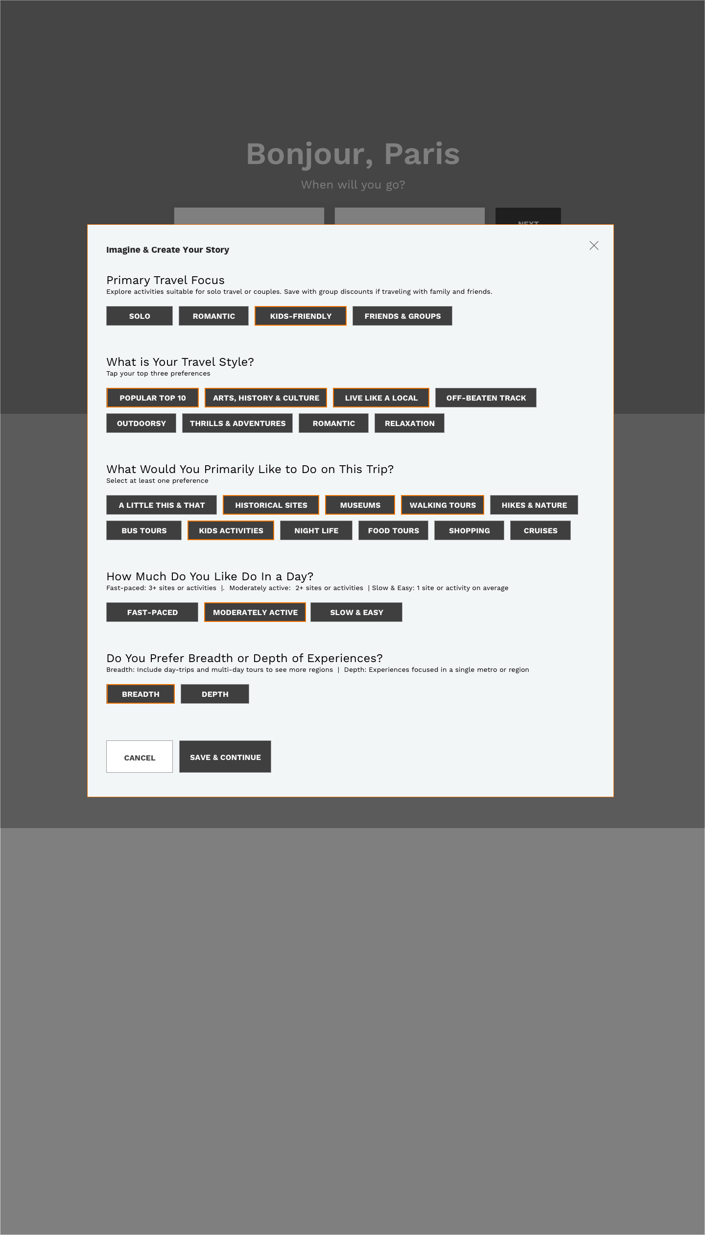 User selects travel preferences