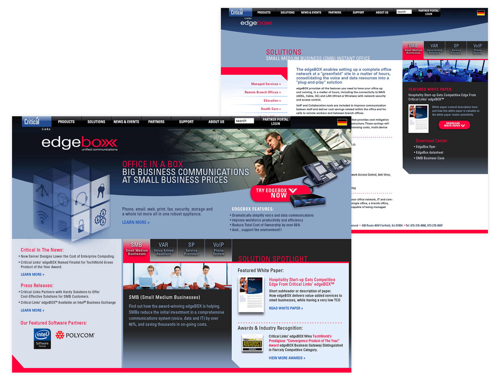 These pages represent the homepage and the corresponding subpage design. Design featured cubistic, geometric look and feel to convey hi-tech, futuristic solution.