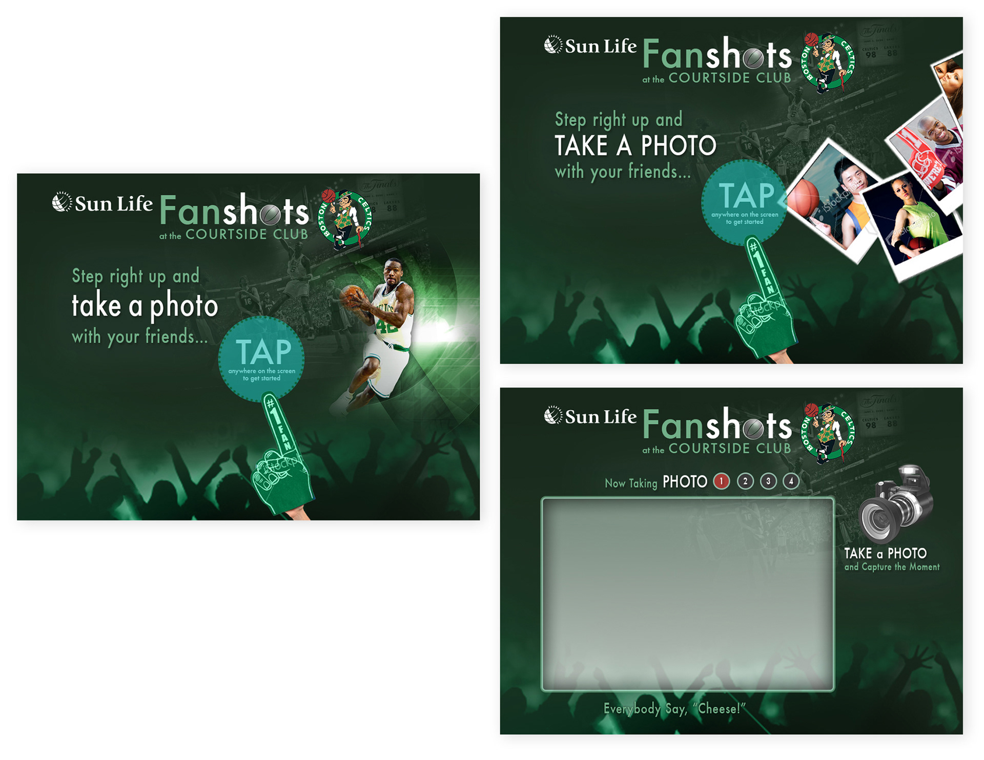 Featured on the upper right and far left are two options for the intro splash screen that invite users to snap a photo of themselves with their friends to remember their Celtics game outing. The bottom right screen would be the second screen with a 4-second timer and a frame where their photo would be captured. Design captures the immersive green of the Boston Celtics basketball brand and references its celebrated history in photo collages.