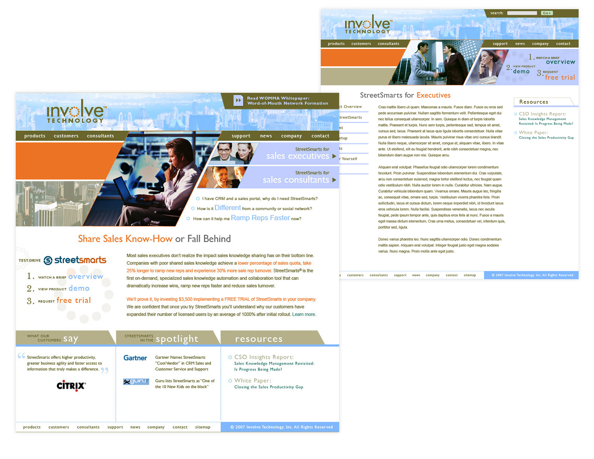 My proposed homepage design on the bottom left and subpage design on the upper-right.