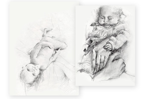 Represented above are two pencil sketches — realistic baby portraits that I drew. They are studies of baby faces and hands.