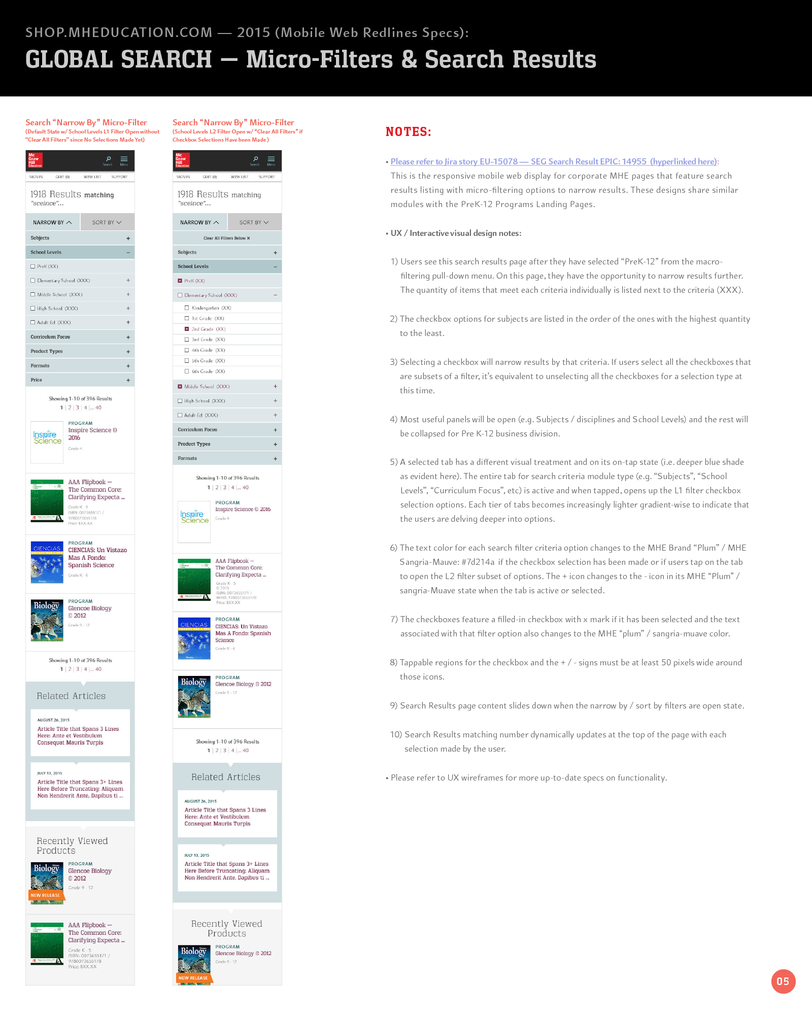 Mobile Interaction notes for Search Results Page