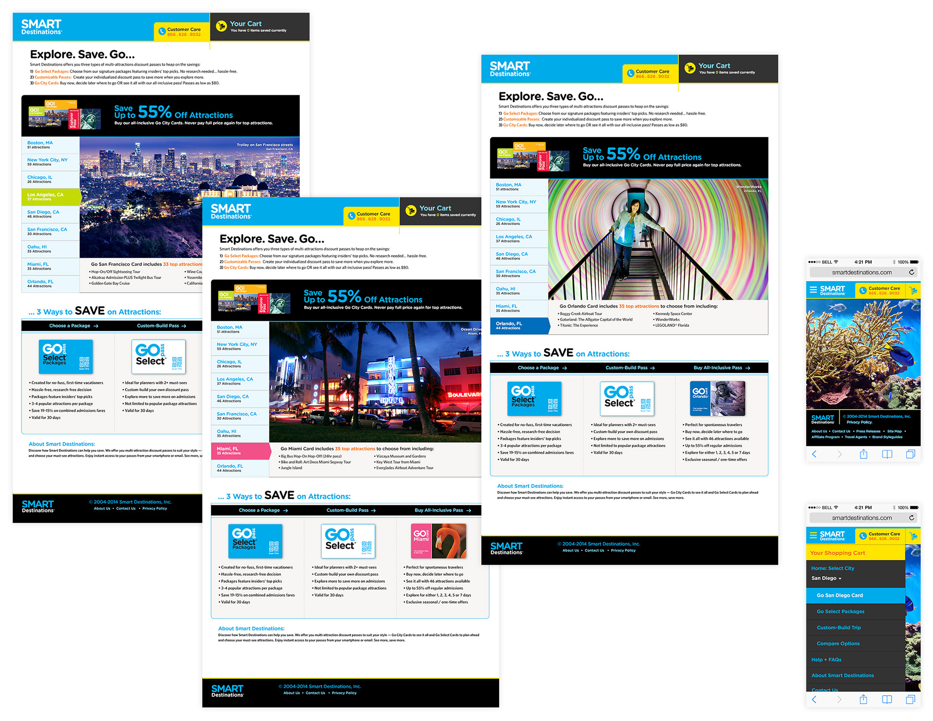 My proposed screen designs for their homepage. When users tap on one of their top travel destinations, users see popular attractions included with their popular GoCard products. Mobile screens feature the header and side panel navigation from their hamburger menu.