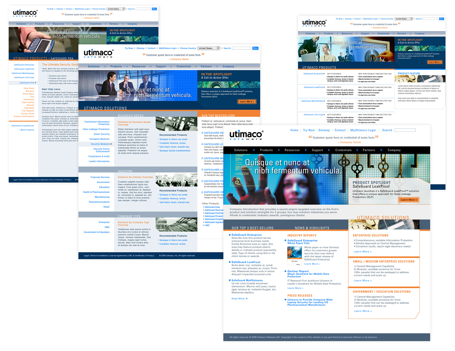 These designs represent various pages I designed and for which I also proposed the information architecture and user-experience. The design on the bottom right is the homepage design I proposed and the other three pages depict the solution portal, product portal, and product detail pages.