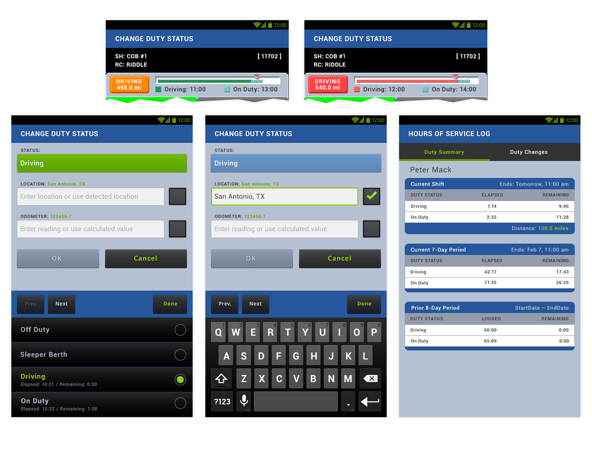 My proposed new UI designs with status bars to indicate their driving progress bar statuses above sample screens.