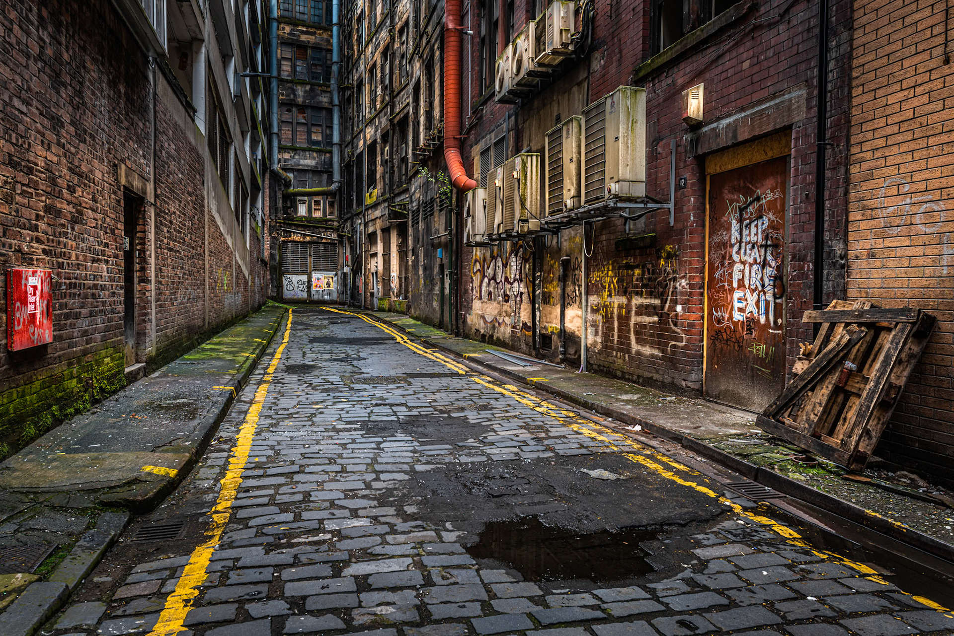 One of the many service lanes in Glasgow city centre and short walk from the main shopping streets