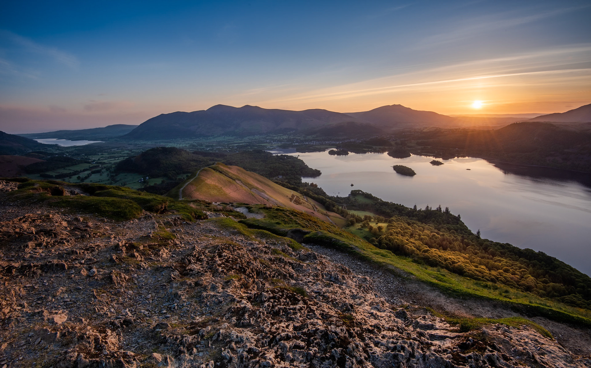 Sunrise over Derwentwater from the summit of Catbells near Keswick