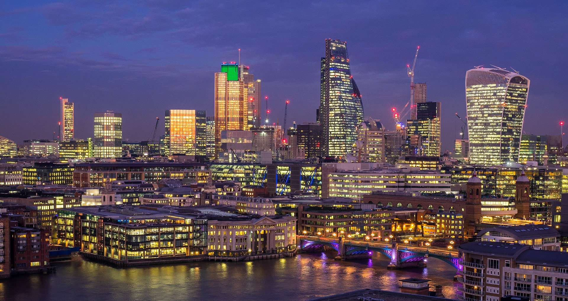 The financial district of London at night