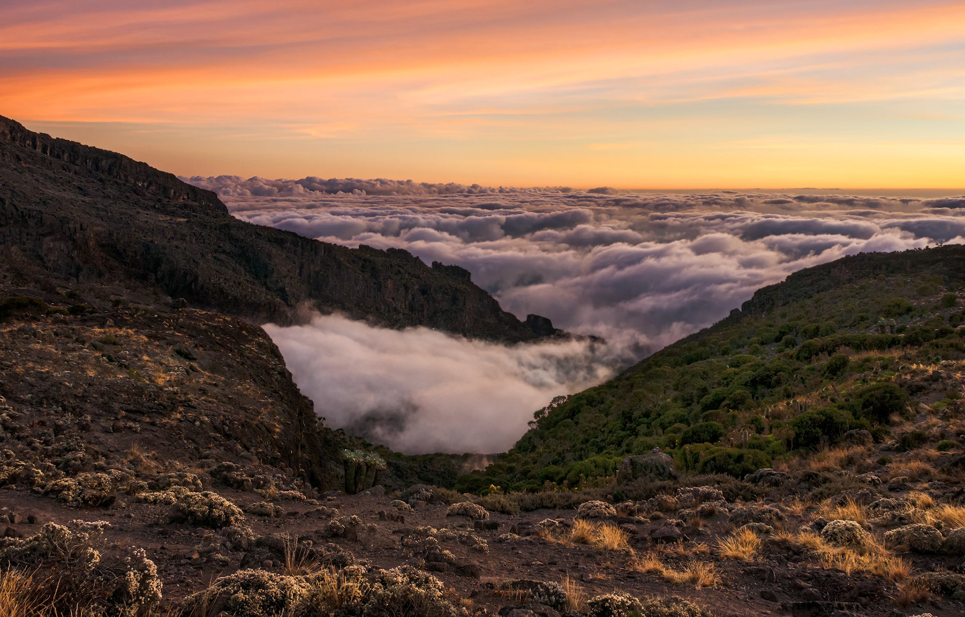 The setting sun viewed from Barranco Camp on Kilimanjaro Machame Route
