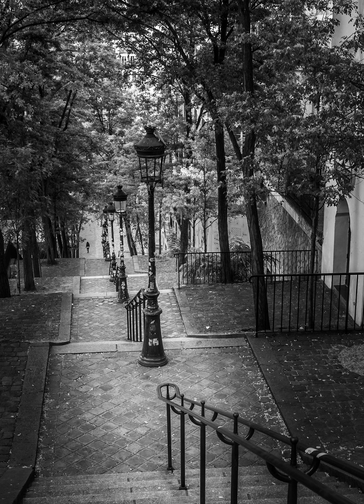 An early morning walker at the foot of the Rue Foyatier staircase at Montmartre near the Sacre-Coeur Basilica