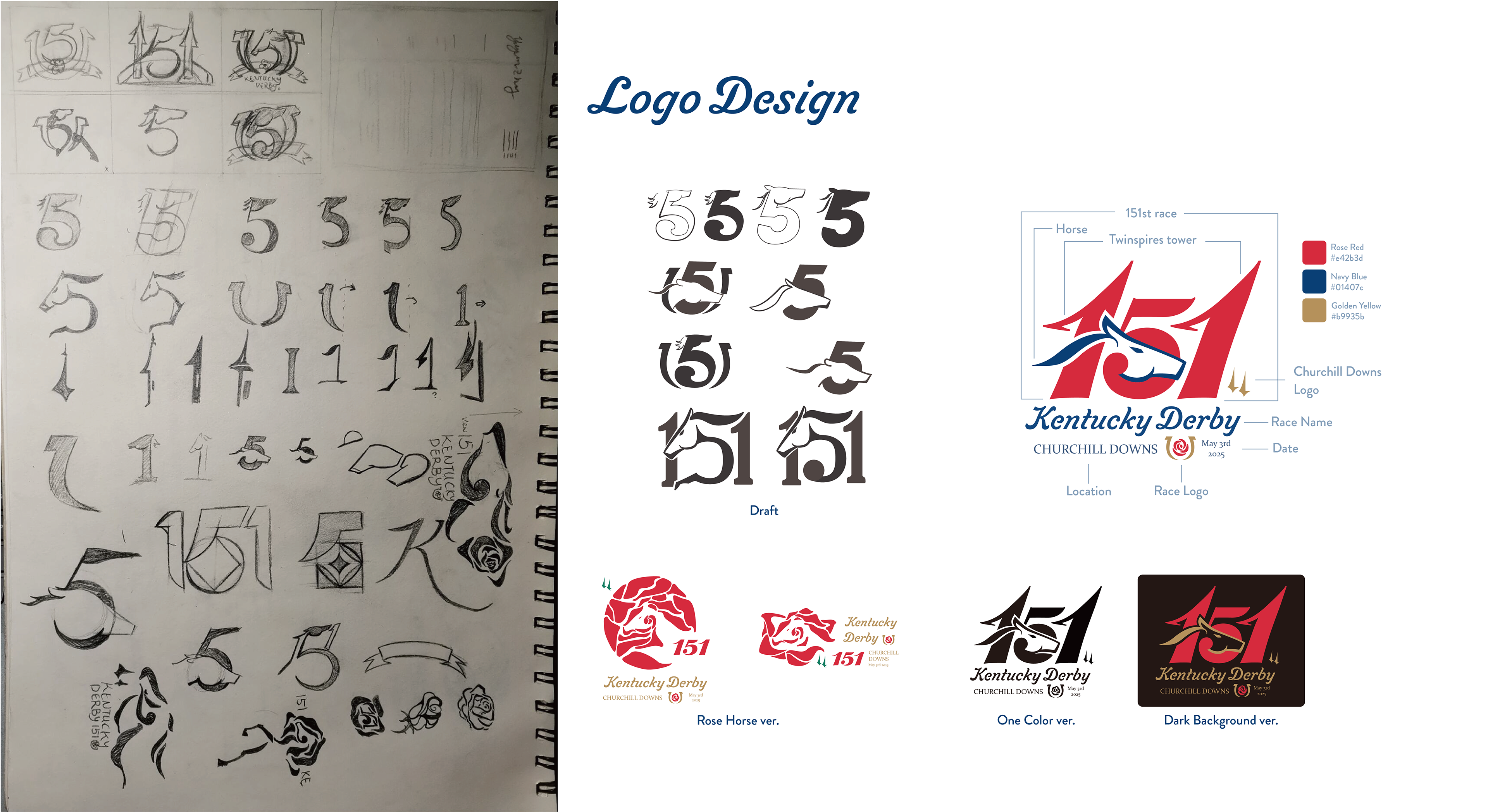 Logo design sketch, and final logo. Other design and final logo color and black and white version.