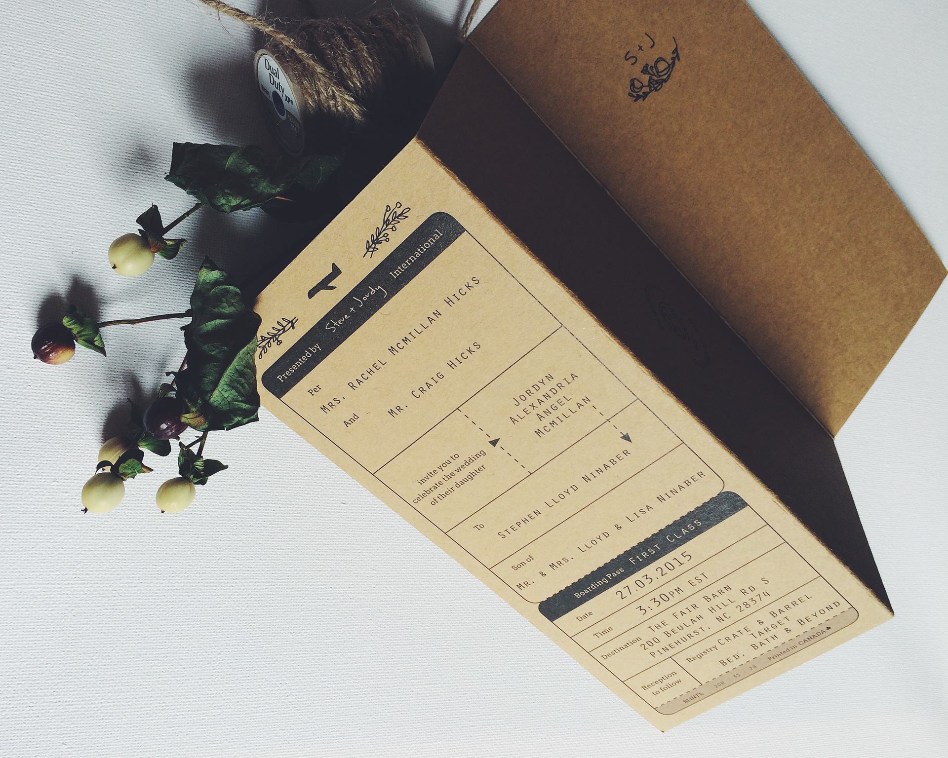 Invitation details on brochure style back cover