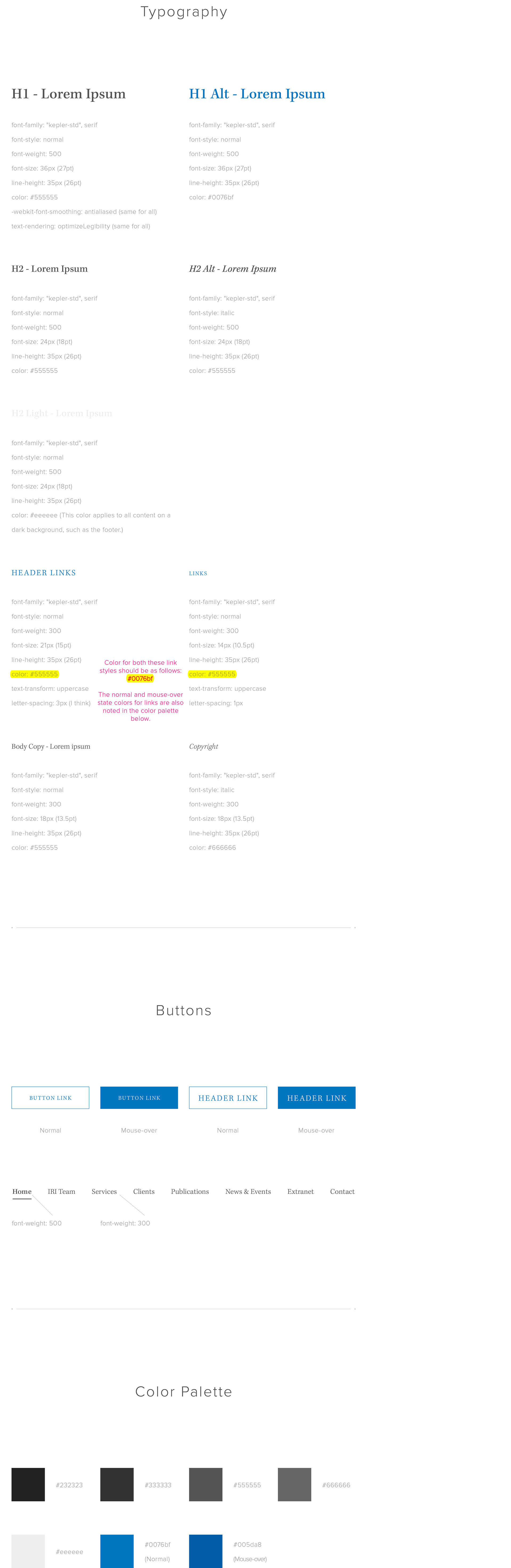 IRI website typography styles, button styles, and colour palette