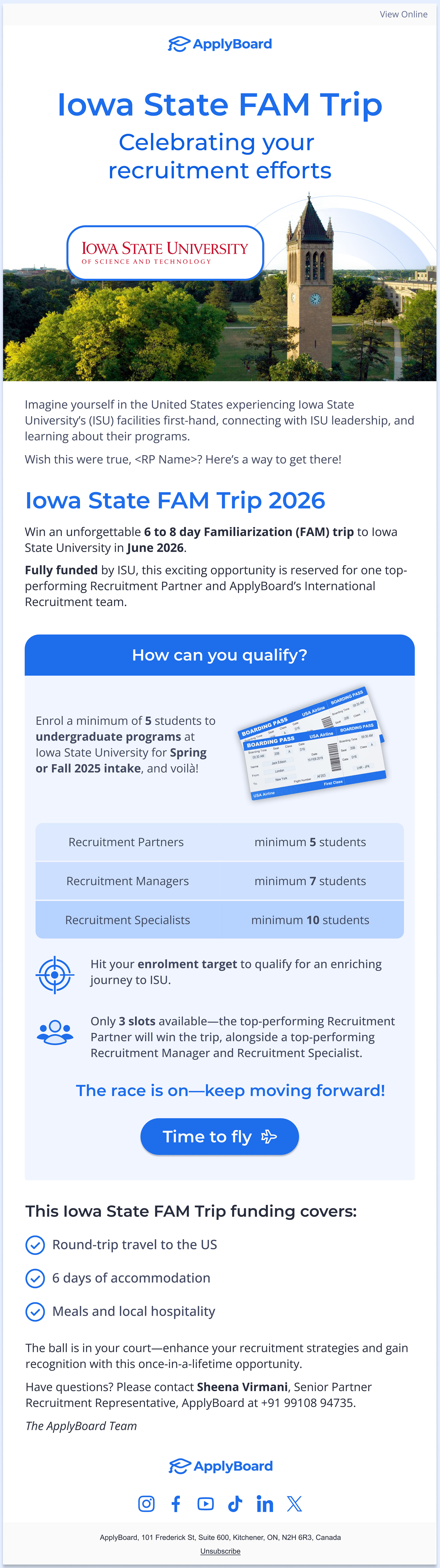 ApplyBoard desktop promotional email advertising an Iowa State University FAM (Familiarization) trip contest for 2026, featuring the university's campus with its iconic campanile tower, enrolment qualification requirements, and trip details including funding coverage for travel, accommodation and meals.